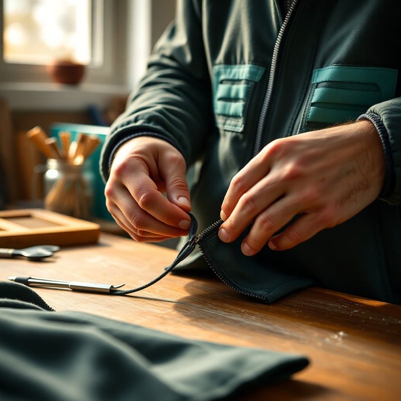 Detail rukou vyměňujících zip na bundě v Dílně Novotný